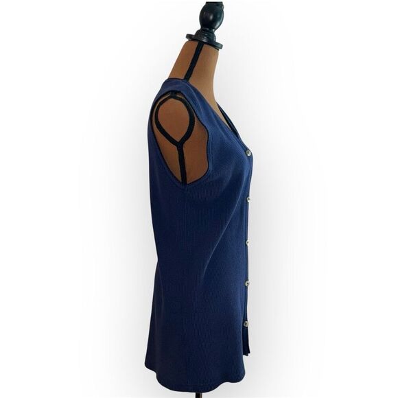 Image by Edie Waffle Textured Cotton Button Down Navy Blue Vest Women’s One Size - Picture 2 of 10